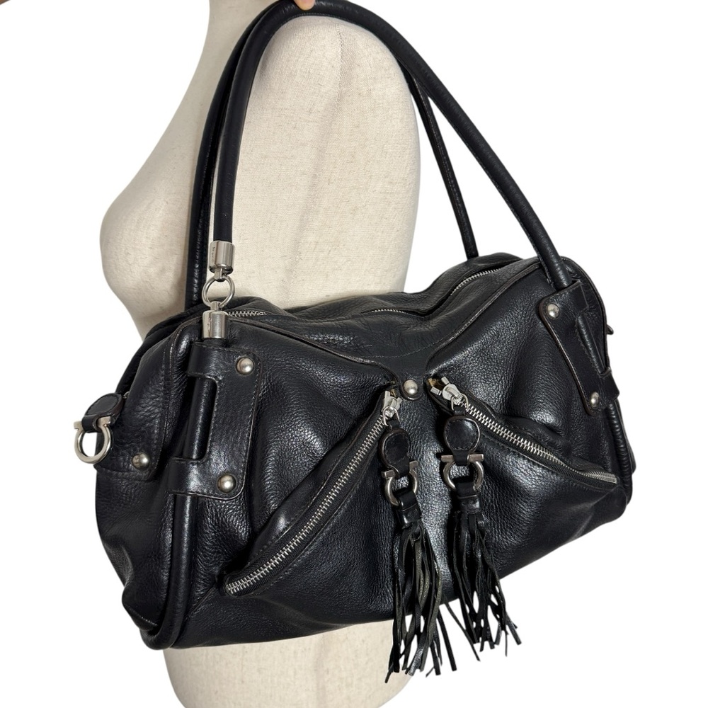 Salvatore Ferragamo Black‎ Leather Fringe Satchel Bag